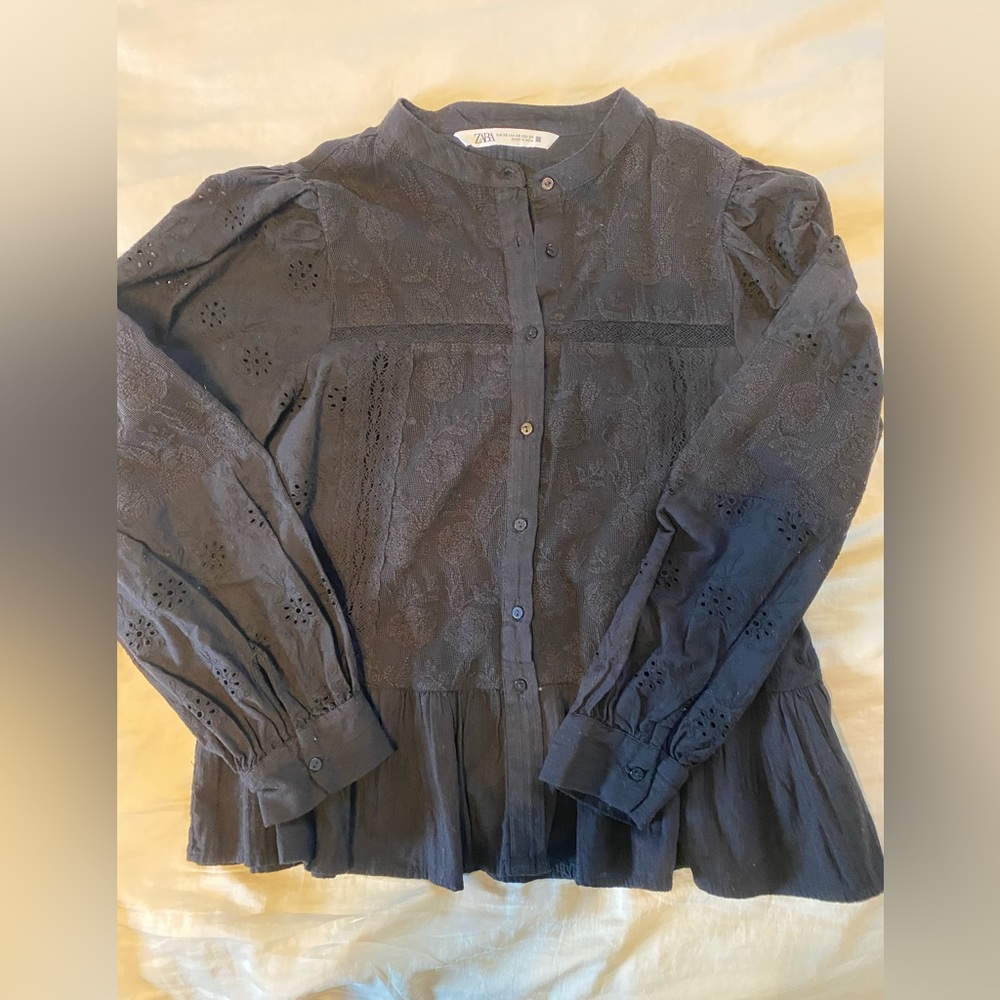 Zara black button down embroidered blouse.